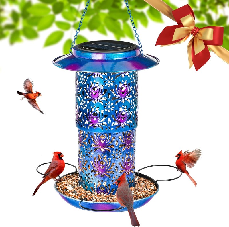 Ottsuls Solar Bird Feeder for Outdoors Hanging, Metal Wild Cardinals Garden Lantern Weatherproof, Decro Solar Birdfeeders as Gift Idea for Women Mom Grandma Bird Lovers (Update Version Blue) - Image 1